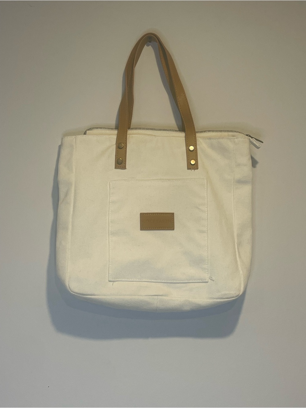 Cozy Earth Canvas Tote Bag with Tan Leather Handles - Cream